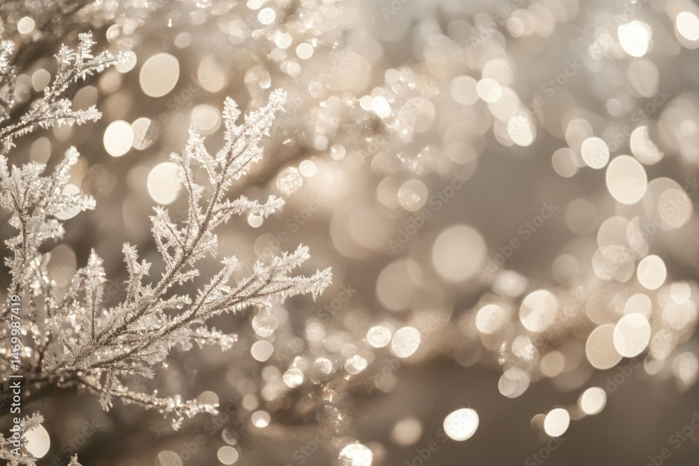 Poster frost-covered branches sparkle in soft, bokeh-filled winter light, creating a serene and magical sce