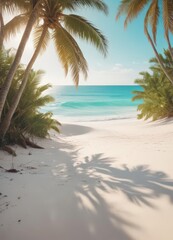 Obraz premium Sun-drenched palm trees arch over pristine white sand, turquoise ocean waves gently lapping the shore Vintage film grain , tropical paradise, white sand