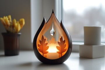Wooden candle holder, teardrop shape, carved design