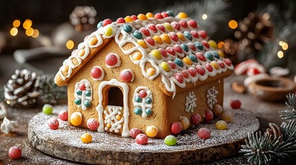 Festive gingerbread house adorned with colorful candies and icing