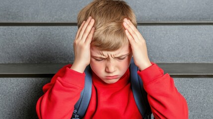 Sad child with headache sitting on stairs, expressing frustration