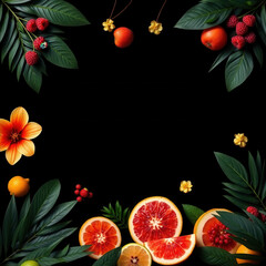 A flat lay of tropical fruits, including blood oranges, strawberries, and lychees, arranged with palm leaves and a dahlia flower on a beautiful background