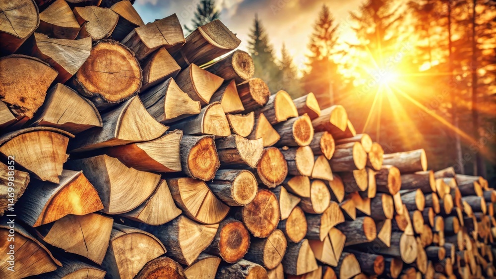 Poster Golden Hour Lumber Stack A Warm, Sunlit Pile of Cut Logs in a Forest Setting