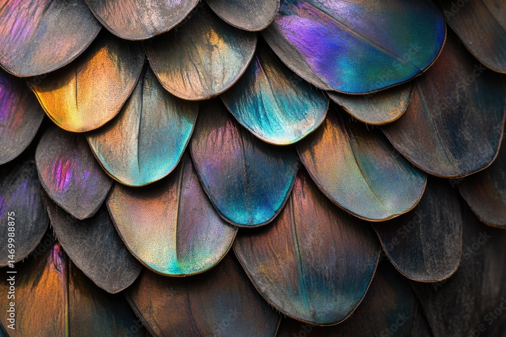 Aufkleber close-up of iridescent bird feathers, showcasing a vibrant array of colors and textures.