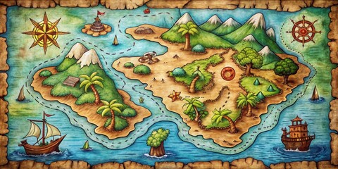 Fototapeta premium An Illustrated Tropical Island Treasure Map with Ships, Footprints, and Compass Roses Depicting a Journey to a Hidden Paradise