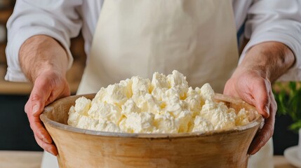 Artisan Local Cheese Concept, Cheesemaker in Apron Inspecting Texture of Fresh Curd in Wooden Bowl in Artisan Dairy Workshop