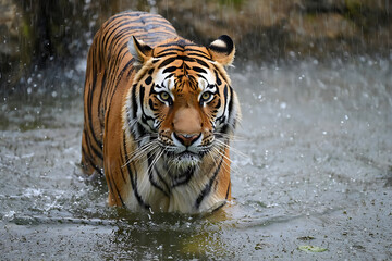 Fototapeta premium Powerful Bengal Tiger Walking Through a Rainy Forest Stream