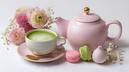 Fototapeta premium Rose Milk Tea with Matcha Foam Topping in Soft Pastel Colors (AI Image)