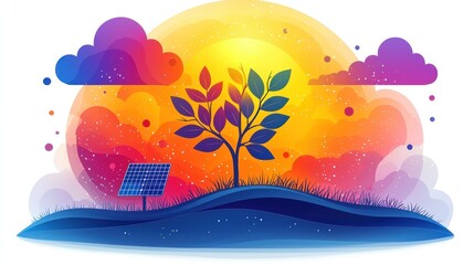 Colorful landscape with solar panel and tree