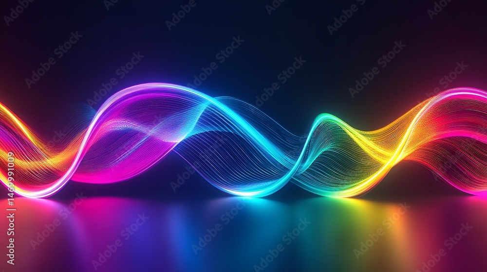 Poster colorful light streaks emerge against dark backdrop with reflection showing abstract wave pattern il