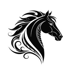 Beautiful Black Horse Head Vector Silhouette Illustration Cartoon, Clipart, Line Art Design on white background.