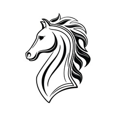 Beautiful Black Horse Head Vector Silhouette Illustration Cartoon, Clipart, Line Art Design on white background.