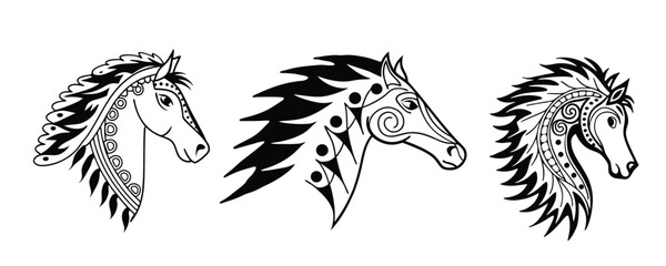 Beautiful Black Horse Head Vector Silhouette Illustration Cartoon, Clipart, Line Art Design on white background.