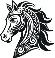 Beautiful Black Horse Head Vector Silhouette Illustration Cartoon, Clipart, Line Art Design on white background.