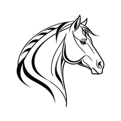 Beautiful Black Horse Head Vector Silhouette Illustration Cartoon, Clipart, Line Art Design on white background.