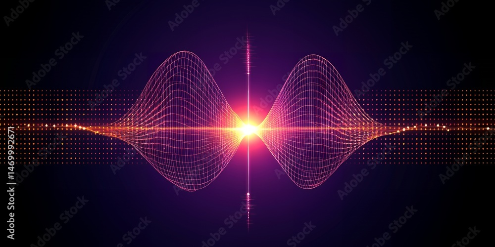 Poster abstract digital wave pattern glowing in vibrant purple and orange hues creating a dynamic and futur