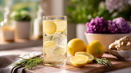 Fototapeta premium Refreshing Rhodiola Rosea Tonic with Lemon in a Wellness Kitchen (AI Image)