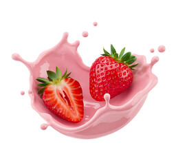 Fresh strawberries splashing into pink yogurt isolated on transparent background, png