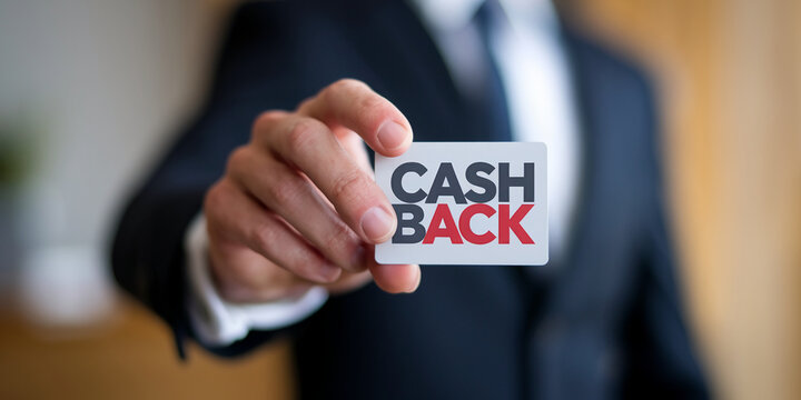 Close-up of hand holding card with "CASHBACK" text, symbolizing financial return, promotional offer, or business deal - Powered by Adobe