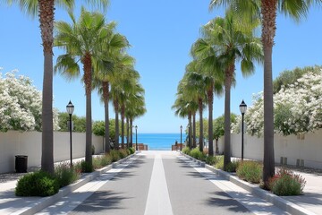 Fototapeta premium A beachside lane with palm trees swaying and a boardwalk in the distance
