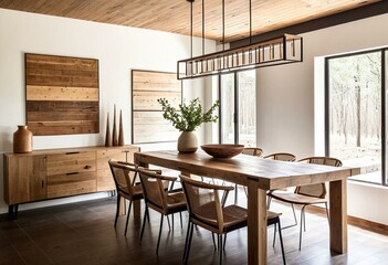 A dining room with a wooden table and chairs.