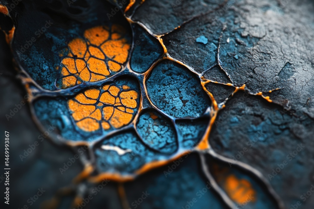 Poster abstract artwork featuring a mesmerizing blend of teal and orange, creating a complex, organic patte