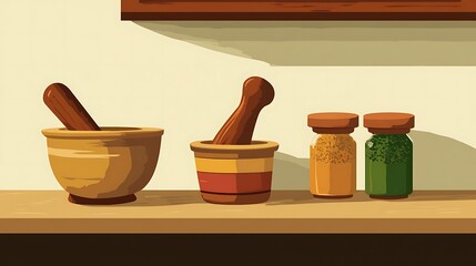Spices with Mortars, and Kitchen Shelf.