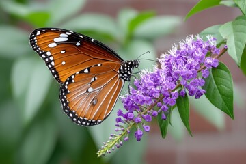 Fototapeta premium A butterfly garden filled with colorful nectar plants and pollinators flying