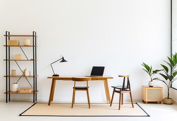 A desk with two chairs and a laptop on it.