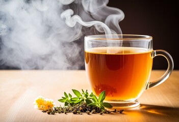 A cup of tea with steam coming out of it.
