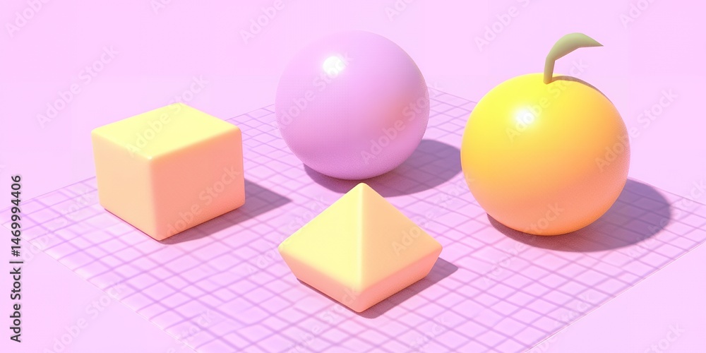Poster pastel colored geometric shapes and fruit still life cube sphere pyramid and orange on grid backgrou
