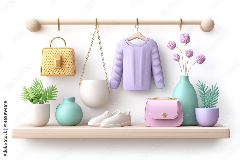 Poster A clean vector design of a single checkout counter and hanging sale signs on a white background