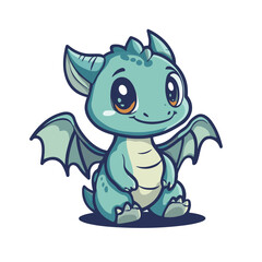 Cute Teal Dragon Cartoon Illustration Adorable Baby Dragon With Big Eyes Isolated On White Background