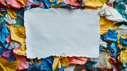 A blank white sheet of paper in the center, surrounded by colorful, crumpled papers, symbolizing diversity and creativity