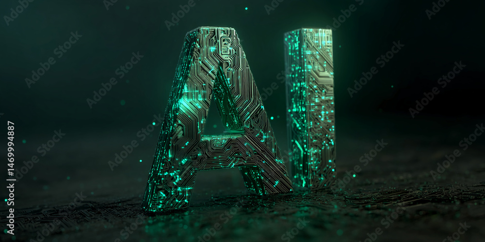 Aufkleber 3d rendering of ai letters formed from circuit board texture, glowing teal, suggesting technological
