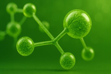 Close-up visualization of a green molecule of cosmetic structure made of natural herbal ingredients