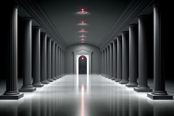 A dark temple with black marble pillars and glowing red eyes carved into statues