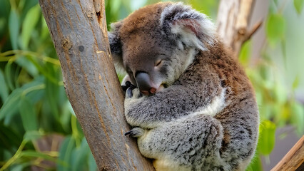 Obraz premium Adorable Koala Bear Relaxing on a Tree Branch in a Lush Forest