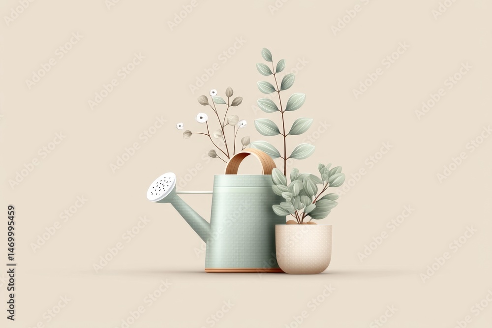 Poster A flat design of a watering can above three sprouting plants on a soft beige background