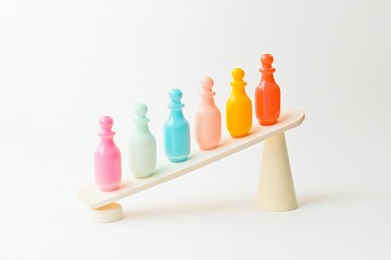 Colorful wooden bottles on a see-saw balancing act