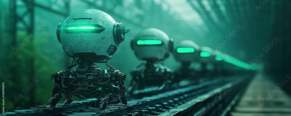 Poster spherical robots with glowing green lights travel in a line along a futuristic track through a misty