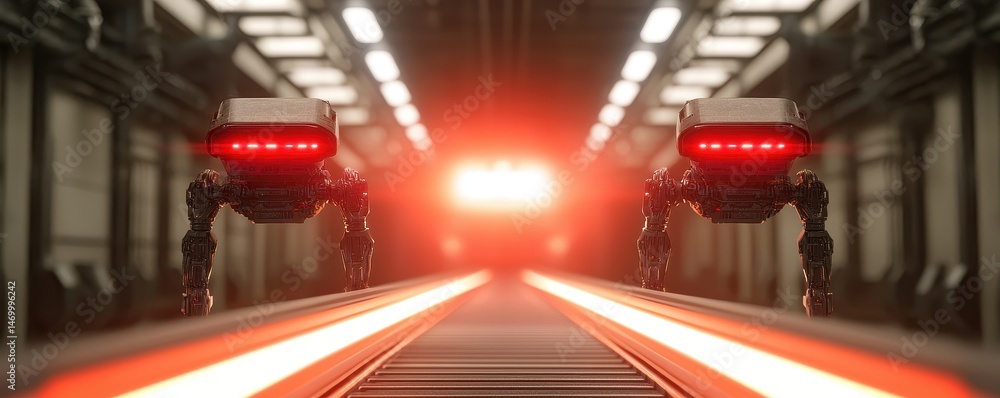 Poster two robotic machines with red lights stand on a futuristic conveyor belt in an industrial, high-tech