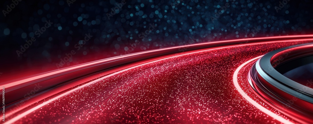 Poster a glowing red futuristic racetrack curves through a sparkling, digital nightscape with dynamic light