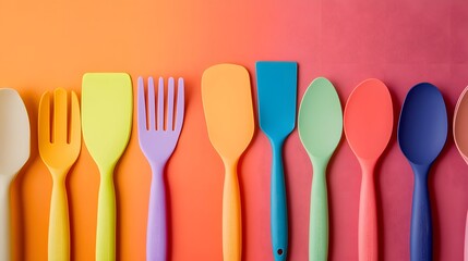 A set of colorful silicone spatulas arranged neatly