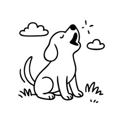 A dog sitting with head tilted up, mouth wide in a joyful howl, tail wagging, lines suggesting sound waves.”