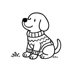 A content dog sitting proudly in a simple knitted sweater, smiling softly, floppy ears and tail peeking out.