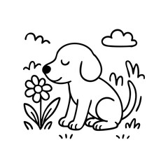 A dog gently sniffing a flower with eyes closed in bliss, surrounded by simple floral outlines and soft curves.
