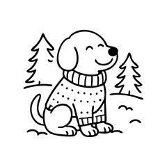 A content dog sitting proudly in a simple knitted sweater, smiling softly, floppy ears and tail peeking out.