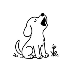 A dog sitting with head tilted up, mouth wide in a joyful howl, tail wagging, lines suggesting sound waves.”