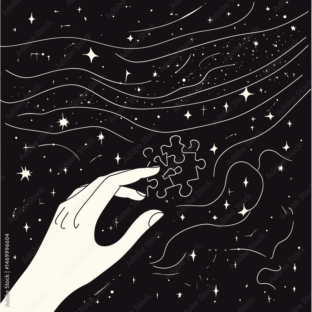 Poster minimalist hand holding puzzle pieces with starry space background abstract connection concept in bl